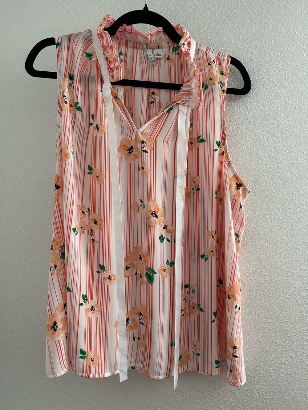 Elle Peach Floral Stripe Sleeveless Tie-Neck Top